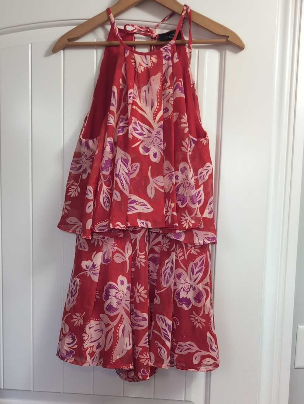 Vici Red Floral Halter Romper with Pink & Purple Accents